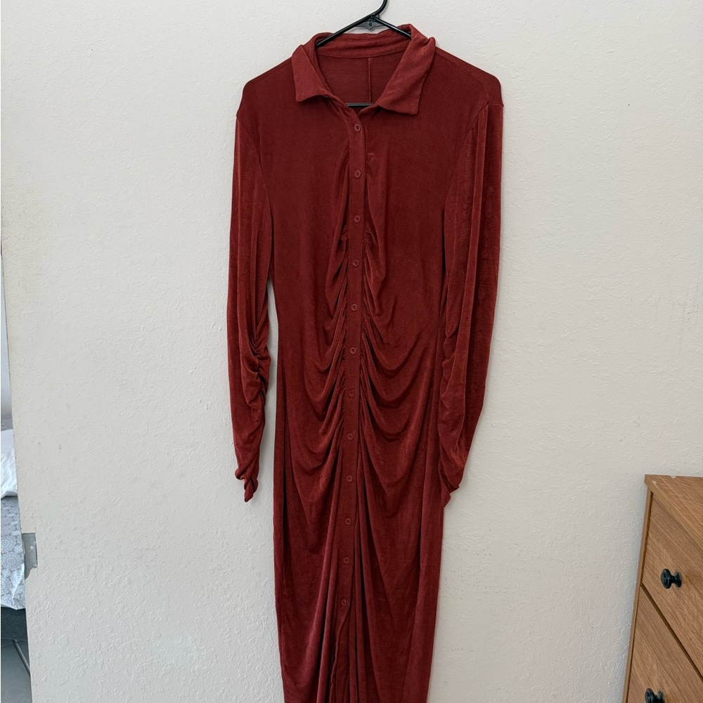 Ruched Button-Front Long Sleeve Dress in Deep Red
